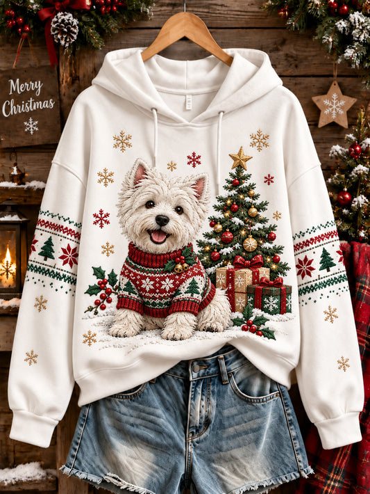 Kvinnors jul West Highland Mönster Casual Hoodie.