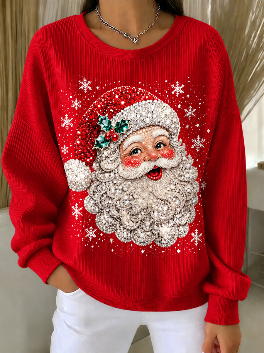 Kvinnlig räfflad sweatshirt med rund halsringning och jultomteprint, i ledig stil