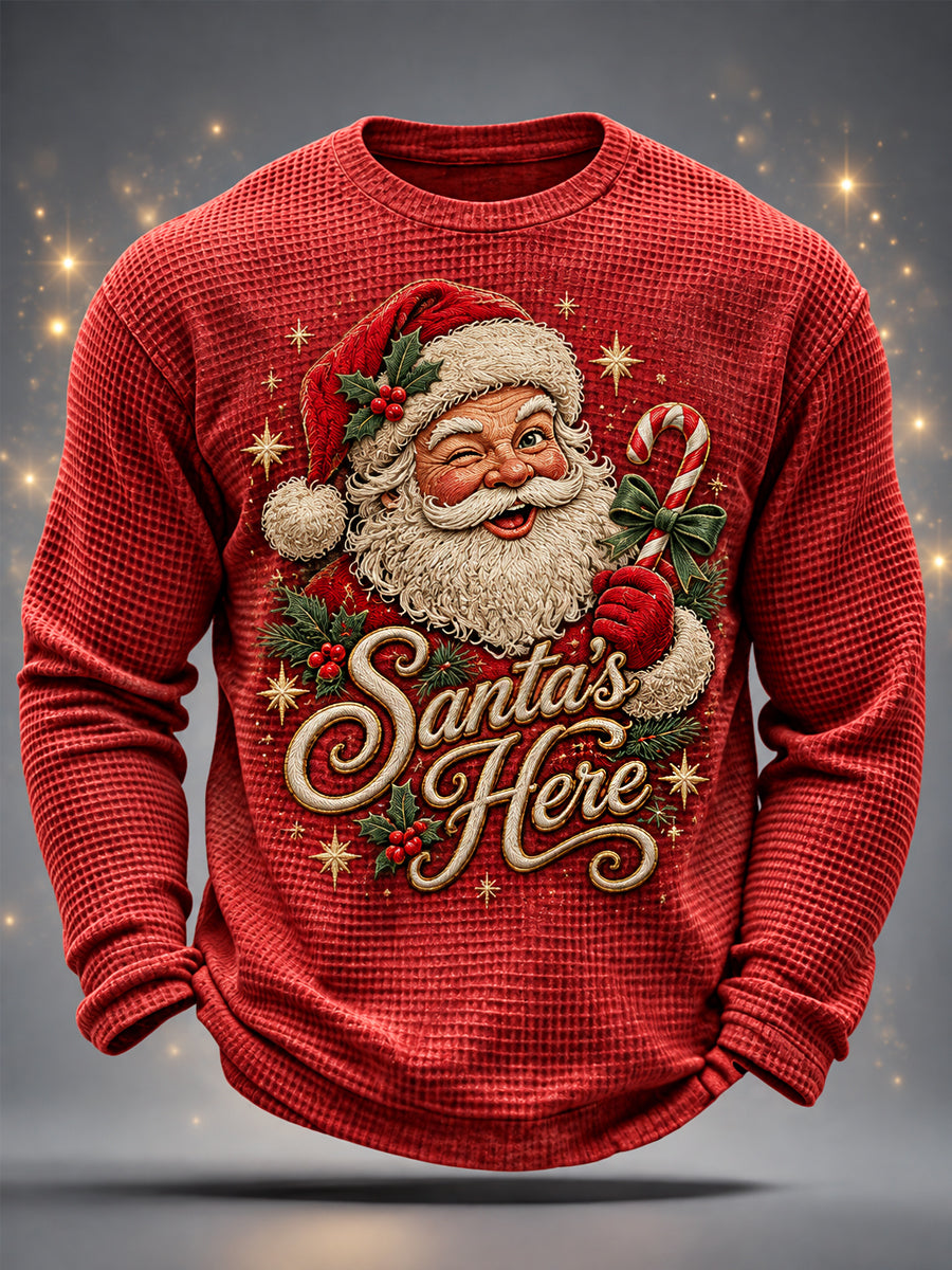 Mäns jul jultomten Print Casual våffle lång ärm T-shirt