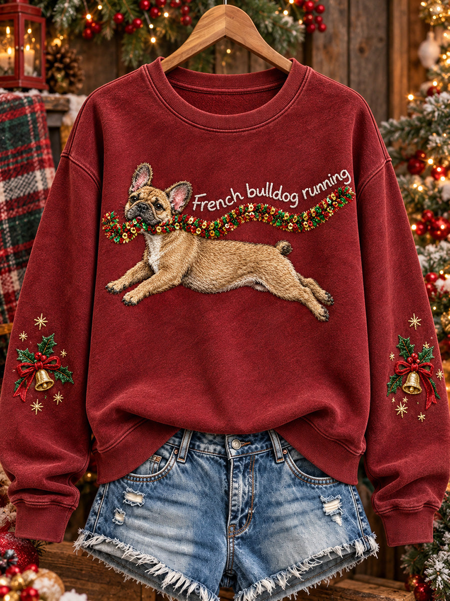Kvinnors söta franska Bulldog Running julhunden Print Sweatshirt