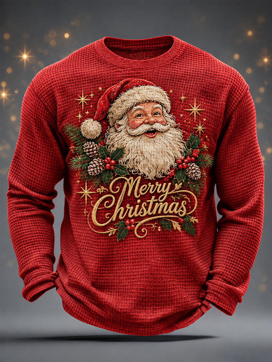 Herrkläder Jul T-shirt med tomtetryck, avslappnad waffelmönstrad långärmad tröja