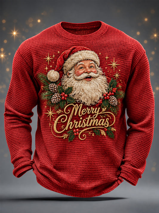 Herrkläder Jul T-shirt med tomtetryck, avslappnad waffelmönstrad långärmad tröja
