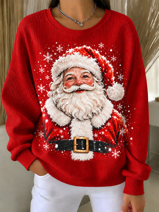Kvinnors jultomten Print Casual Ribbed runda hals sweatshirt