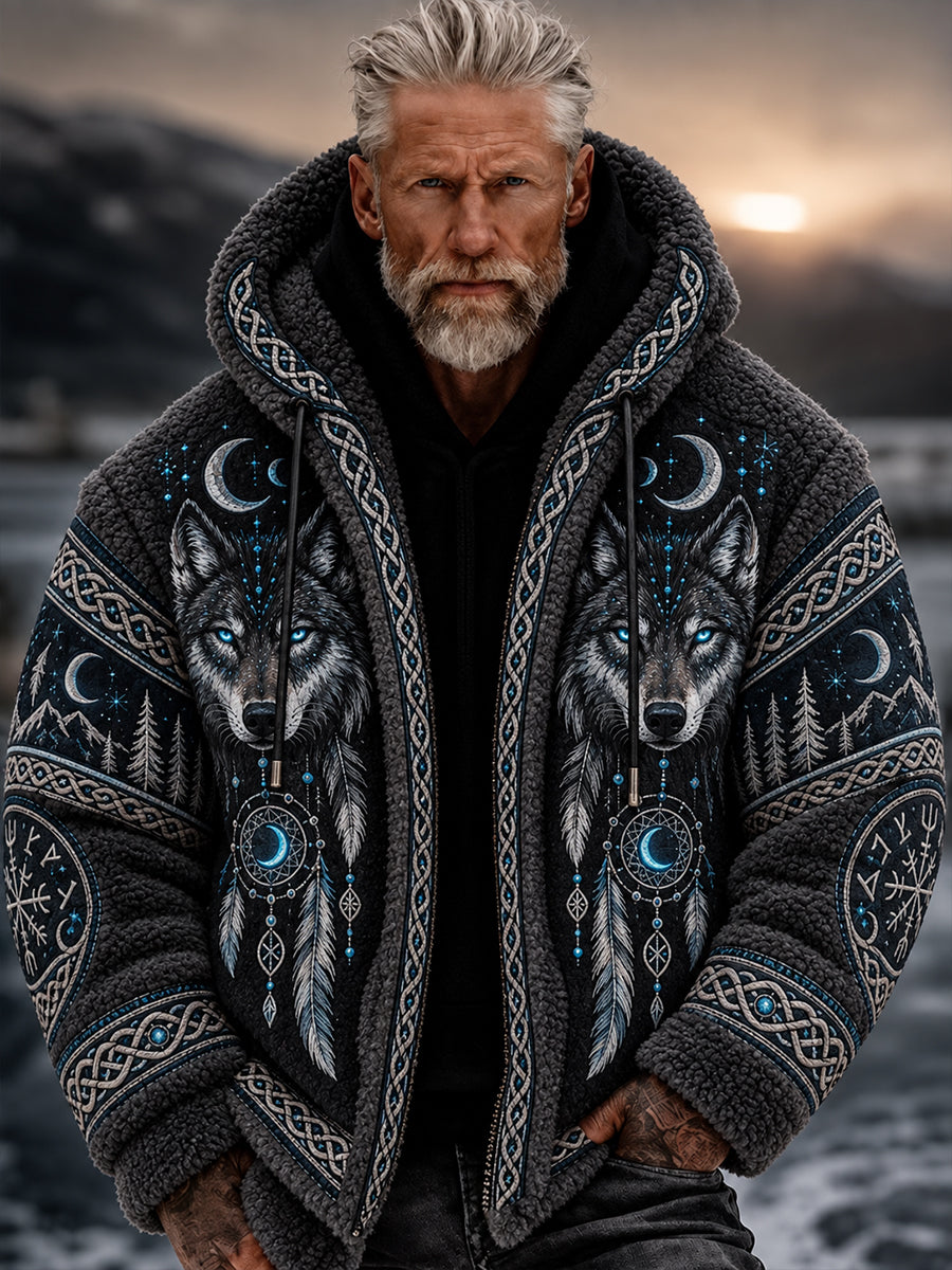 Herrtröja i vikingastil med dragkedja och huva, tillverkad i flanell