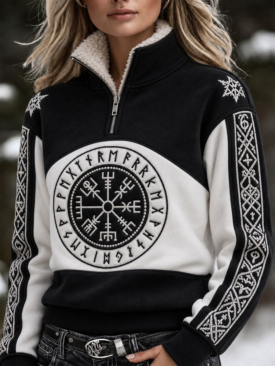 Damvintertröja i vikingastil med vegvisir-keltiskt knutmönster, kontrasterande tryck och pälskrage, dragkedja fram