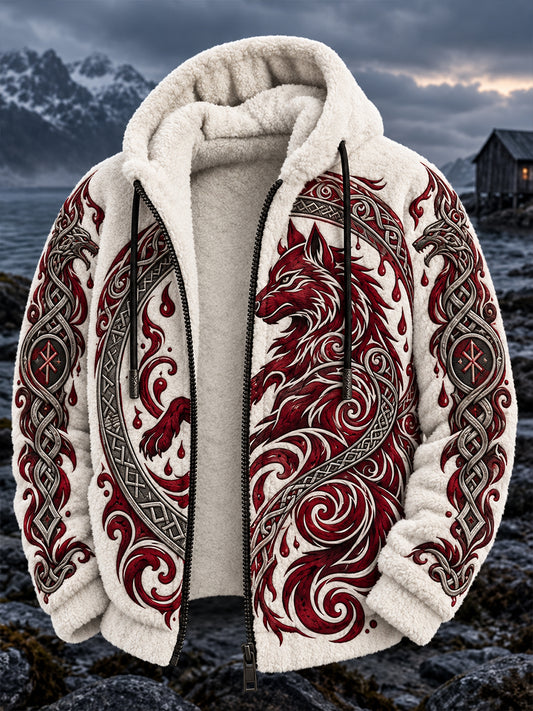 Herrtröja i vikingastil med dragkedja och huva, tillverkad i flanell