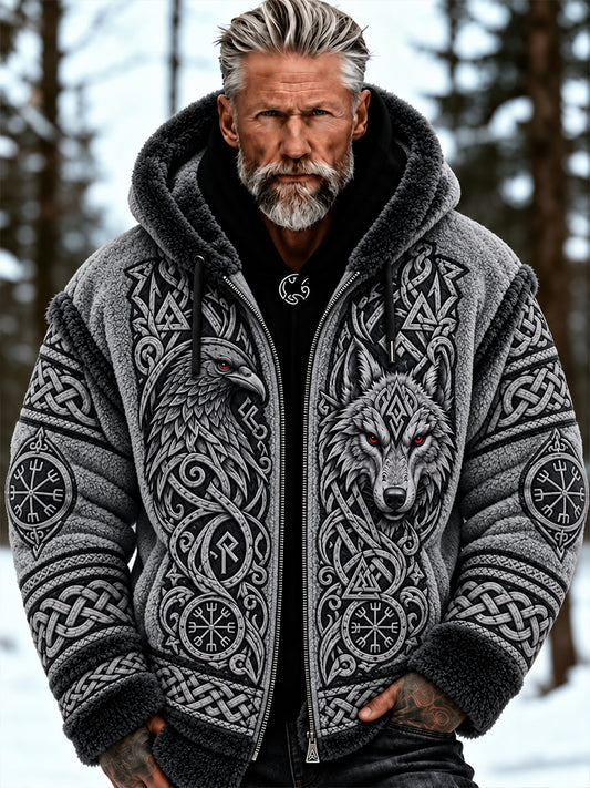 Herrtröja i vikingastil med dragkedja och huva, tillverkad i flanell