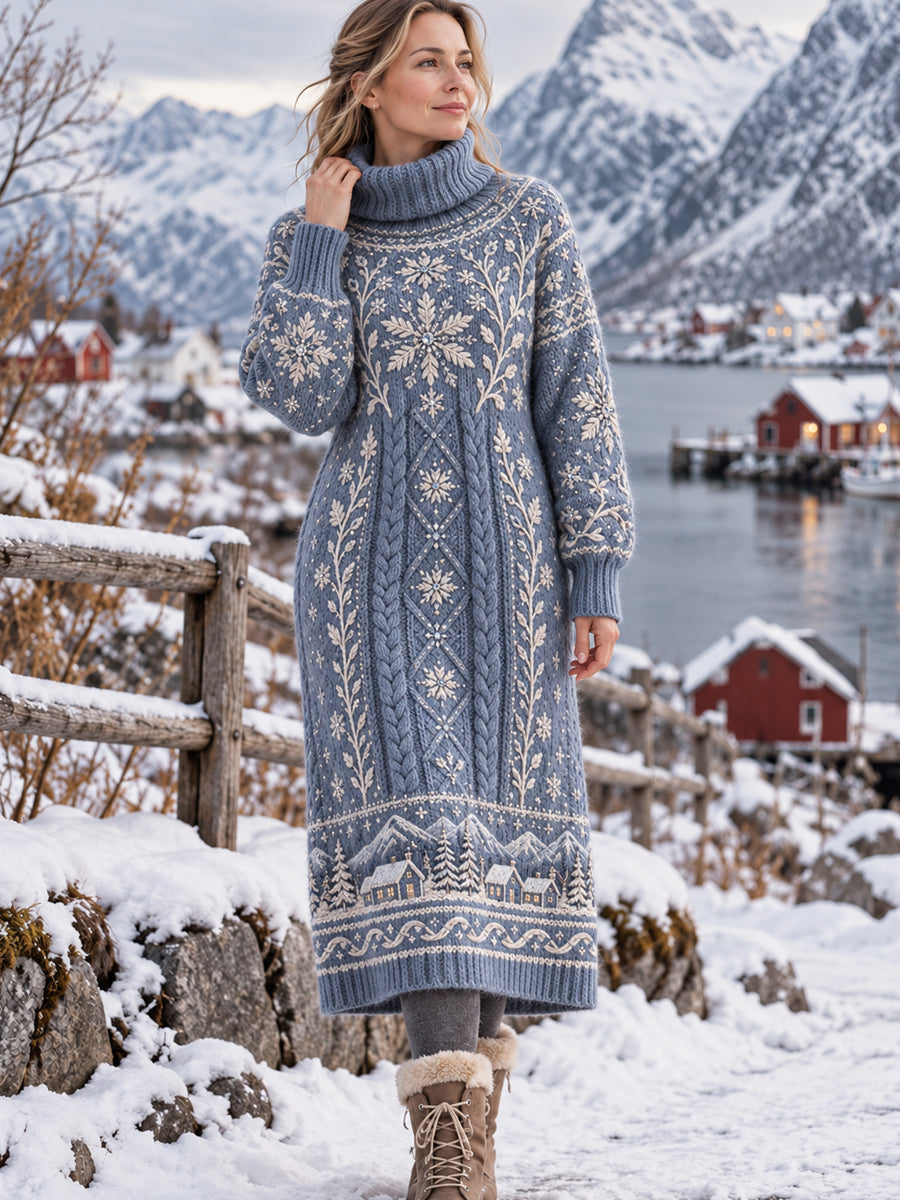 Damskjol i retrostil med nordisk snöflingemönster och hög hals