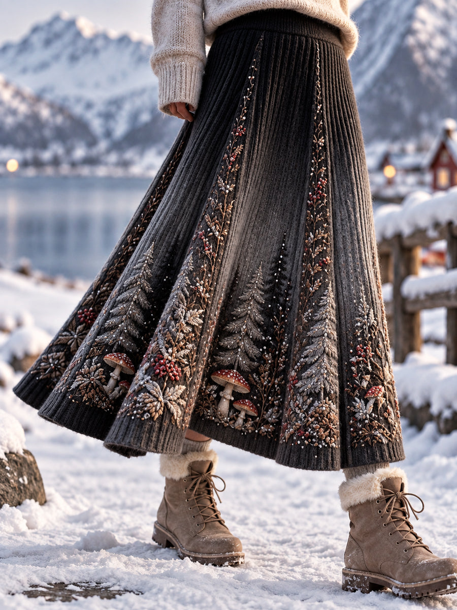 Damernas retro nordisk A-linjeskjorta med svampmönster i konstnärlig stil
