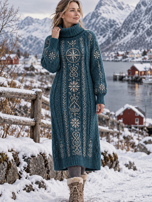 Kvinnlig vintageinspirerad klassisk klänning med hög hals i nordisk stil