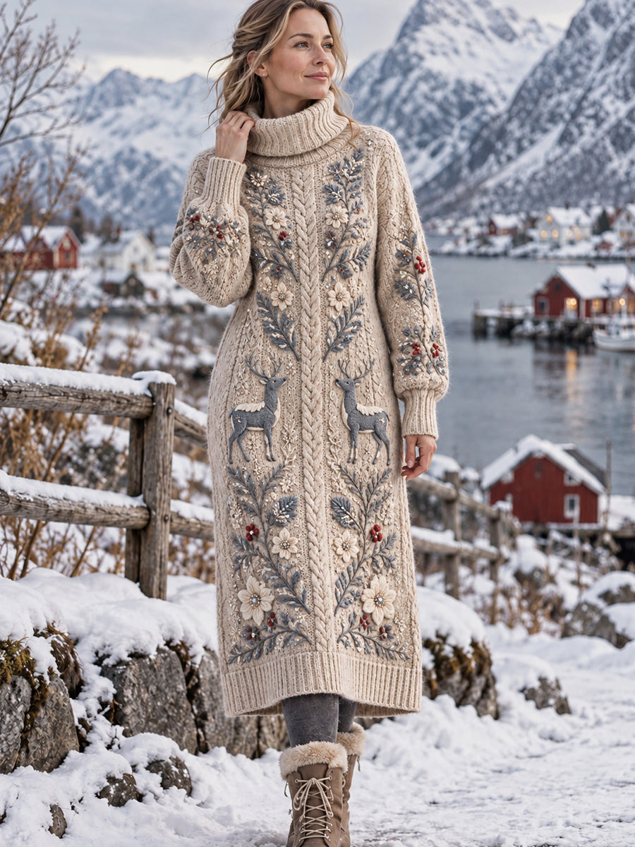Dams Retro Nordisk Älg- och Blommönstrad Artistisk Klänning med Högt Halsringning