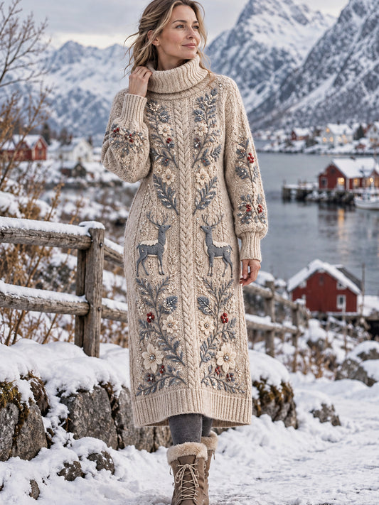 Dams Retro Nordisk Älg- och Blommönstrad Artistisk Klänning med Högt Halsringning