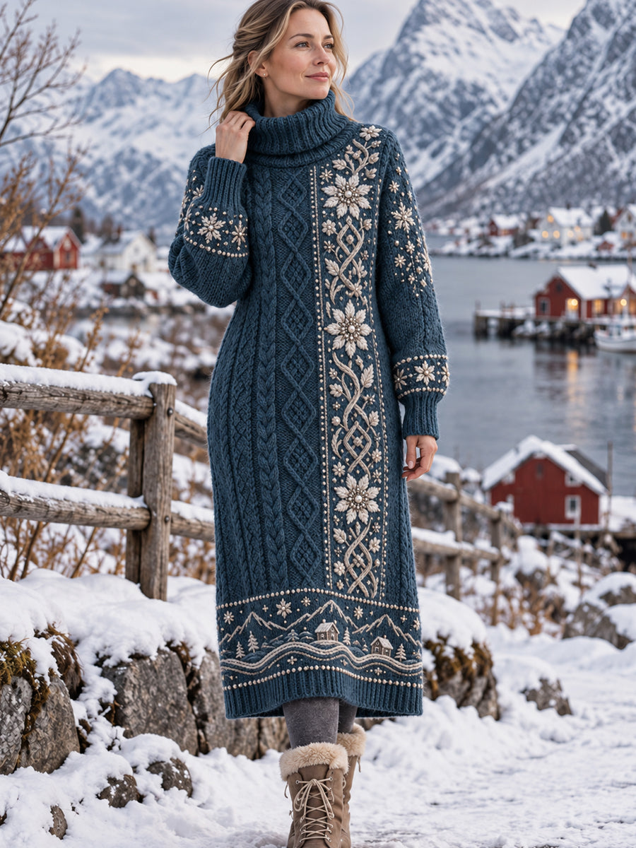 Dams Retro Nordisk Blommig Konst Klänning Med Högt Halsringning