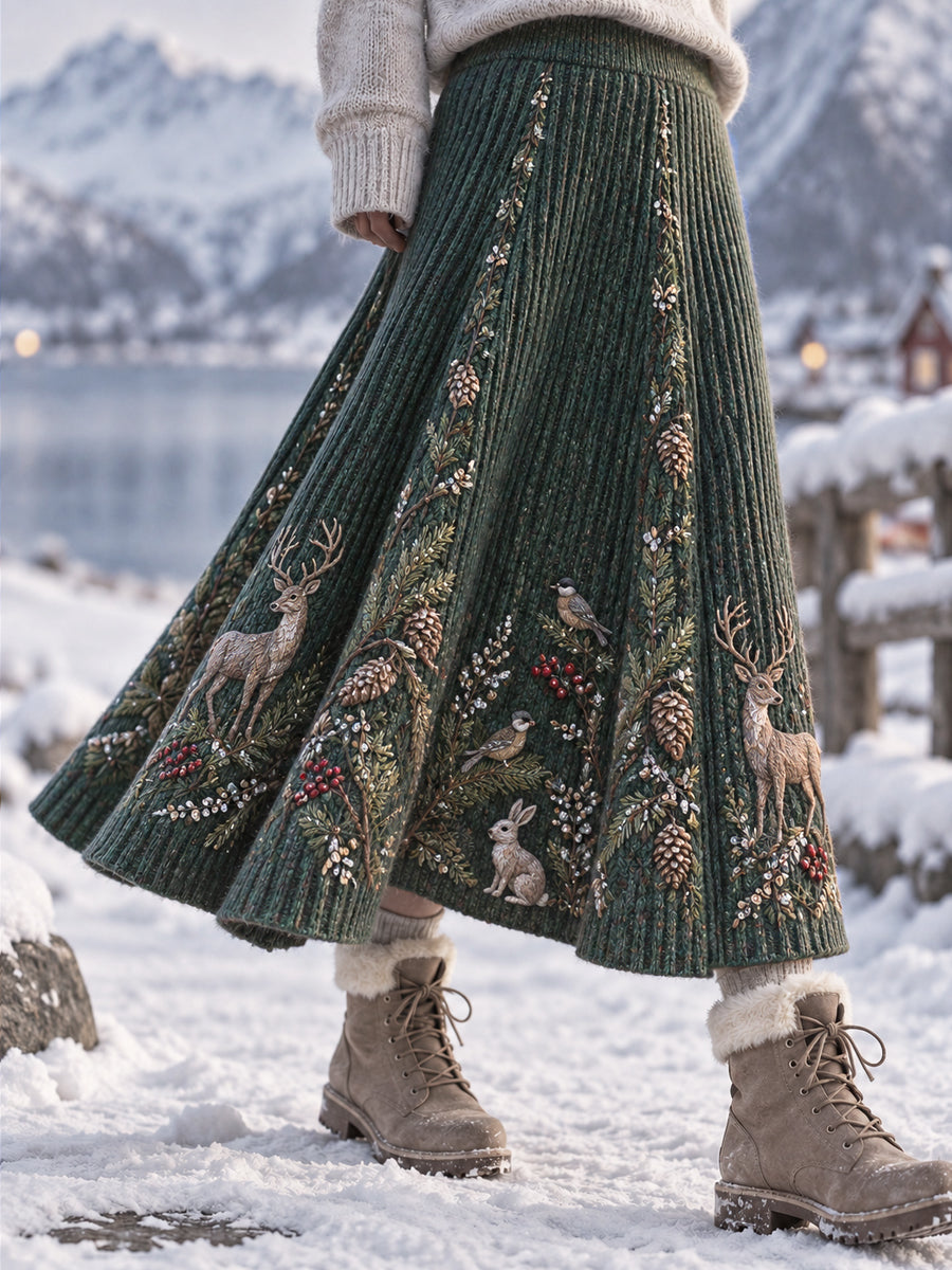 Damskirt i retro nordisk stil med älg- och bärmotiv, artistisk midikjol i A-linje