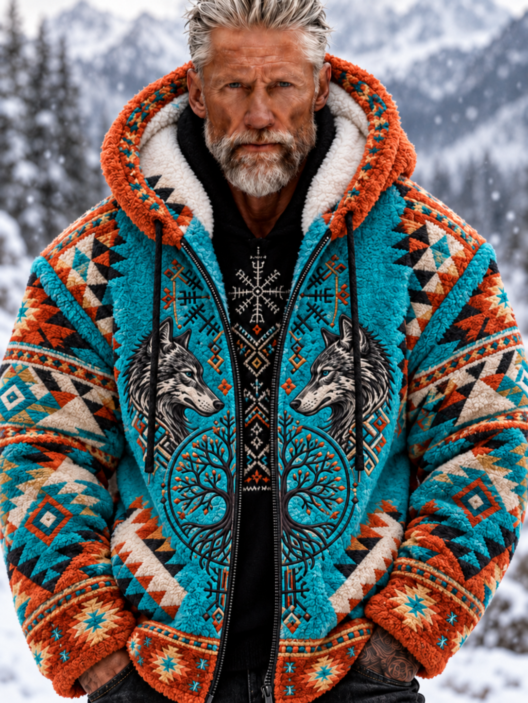 Mans Vintage Viking Varghuvud Aztekisk Tjock Flanelljacka
