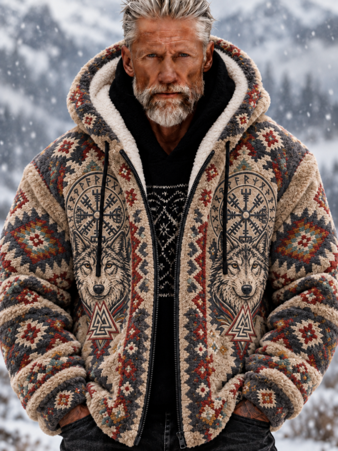 Mans Vintage Viking Varghuvud Aztekisk Tjock Flanelljacka
