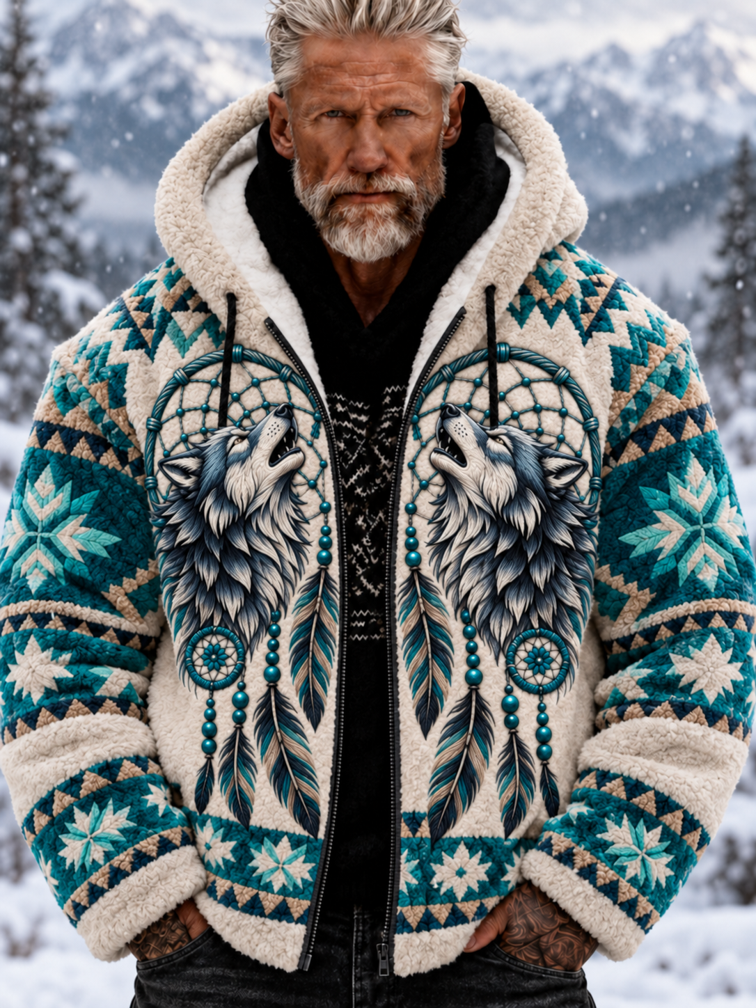 Mäns Vintage Viking Wolf Head Aztec Tjock Flannel Jacka