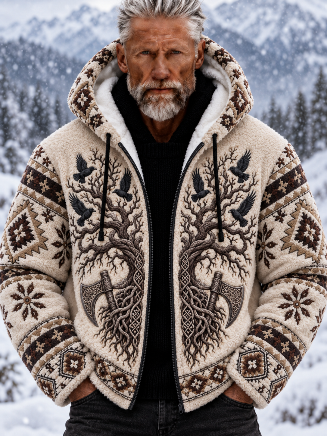 Mans Vintage Viking Varghuvud Aztekisk Tjock Flanelljacka