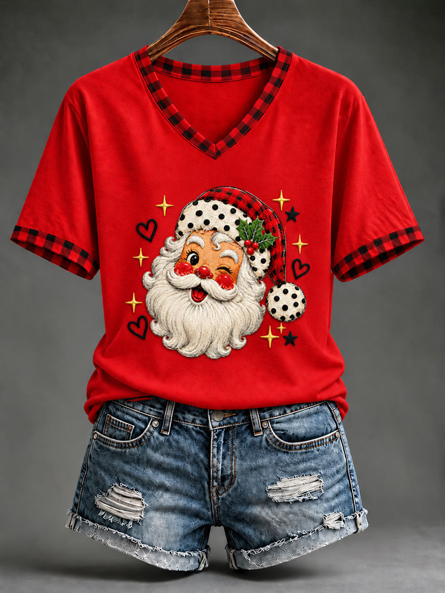 Kvinnlig jul-t-shirt med tomte och korta ärmarna