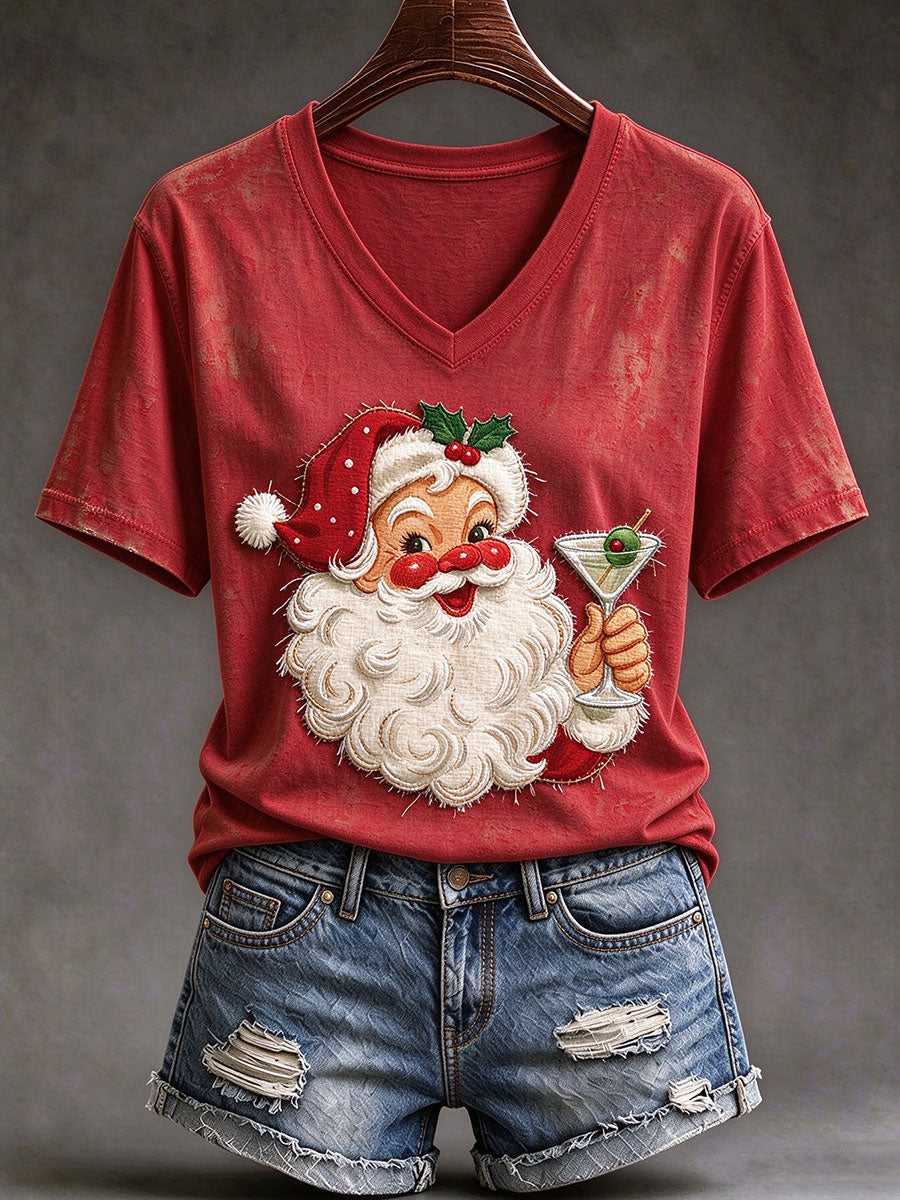 Dammens Santa Martini-print T-shirt med korta ärmarna