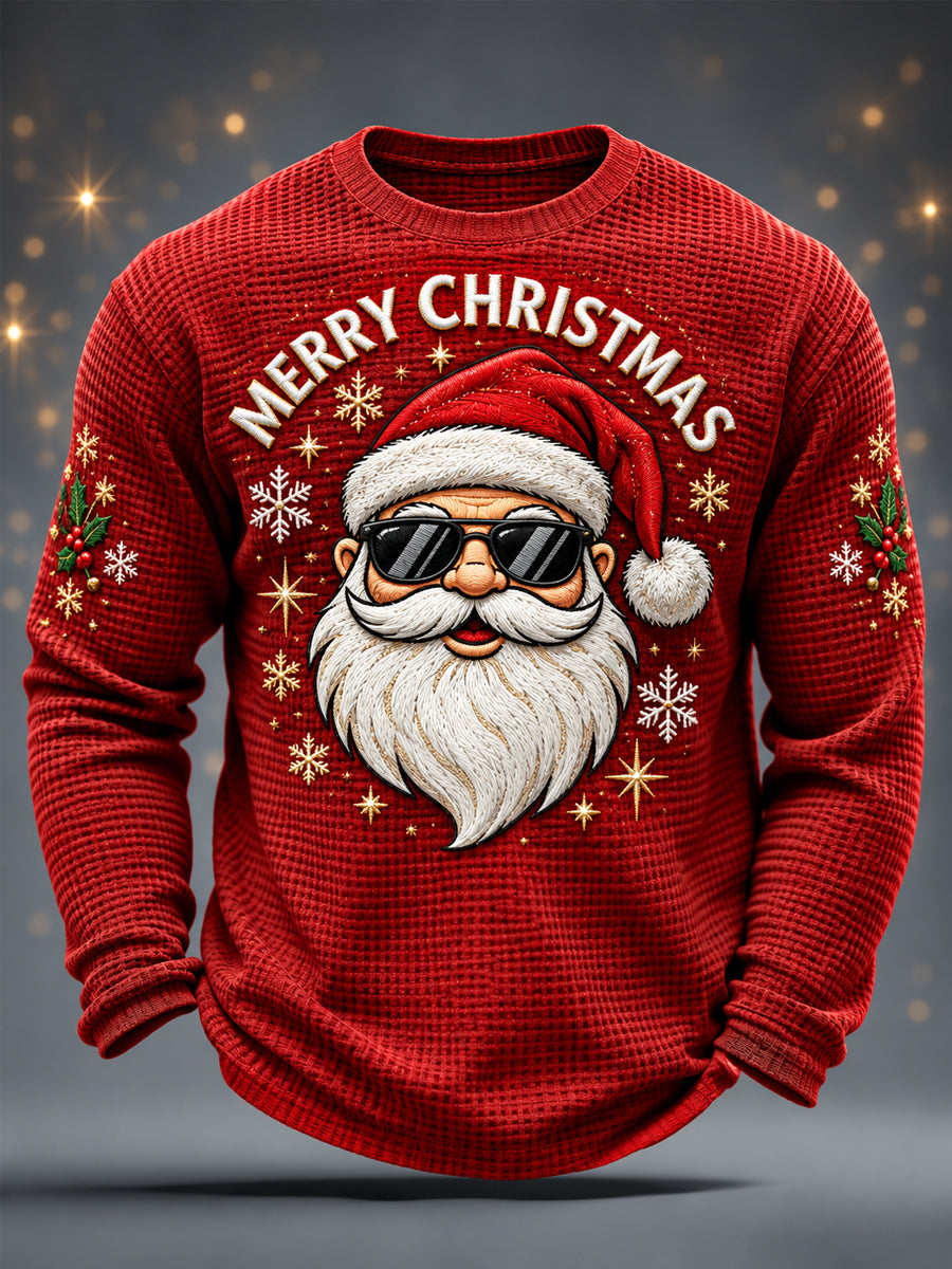 Herrkläder Jul T-shirt med tomtetryck, avslappnad waffelmönstrad långärmad tröja