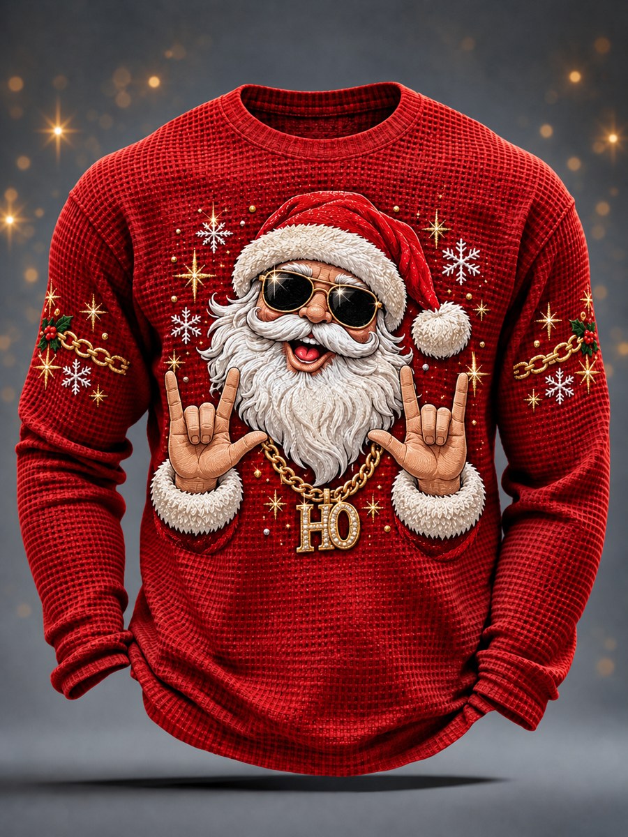Herrkläder Jul T-shirt med tomtetryck, avslappnad waffelmönstrad långärmad tröja