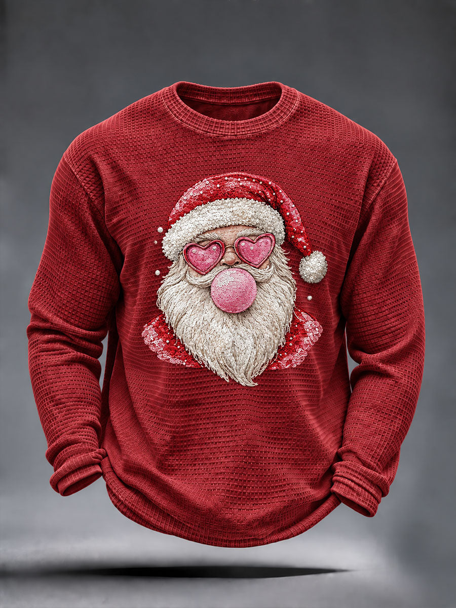 Herrkläder Jul T-shirt med tomteprint och våffelmönster, långärmad