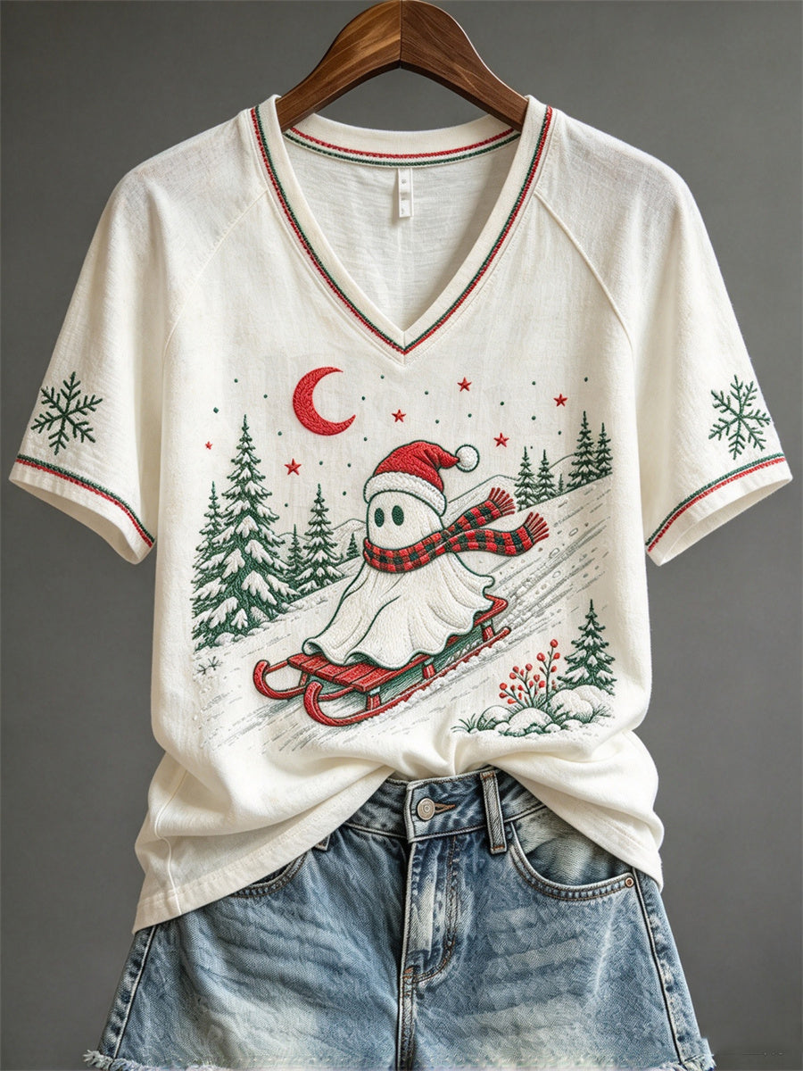 Kvinnors Sledding Christmas Ghost Skriv ut kortärmad T-shirt