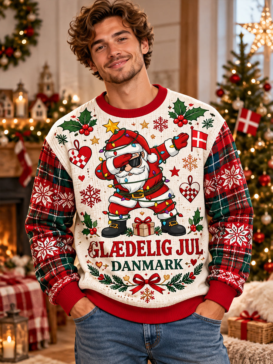 Herrtröja i våffelstickat material med julmotiv och långa ärmarna