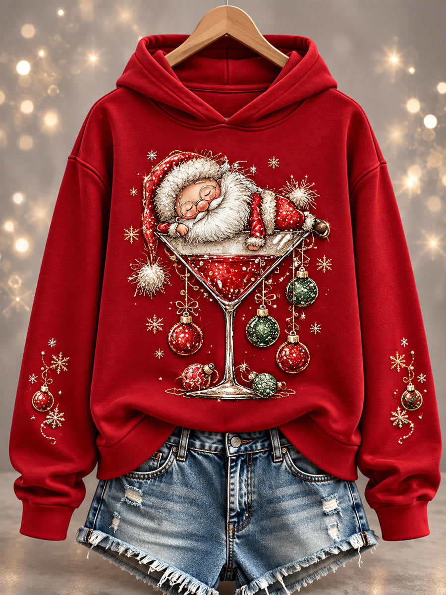 Kvinnors jul Jultomten Vin glas Skriv ut Casual Hoodie.