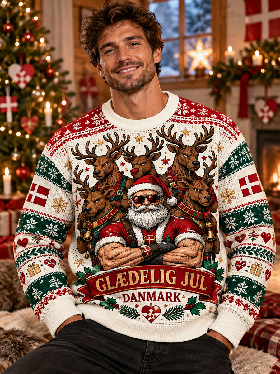 Herrtröja i våffelstickat material med julmotiv och långa ärmarna