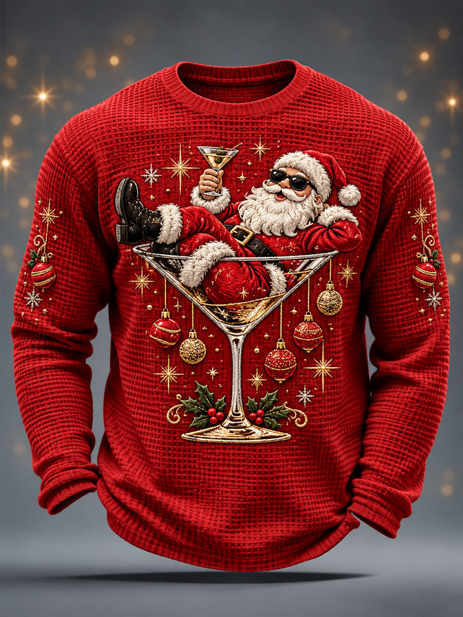 Mäns jul Jultomten Vin glas Skriv ut Casual våffle Lång ärm T-shirt