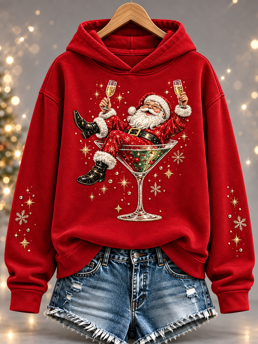 Damernas jultema, tomte- och vinglas-motiv, avslappnad hoodie