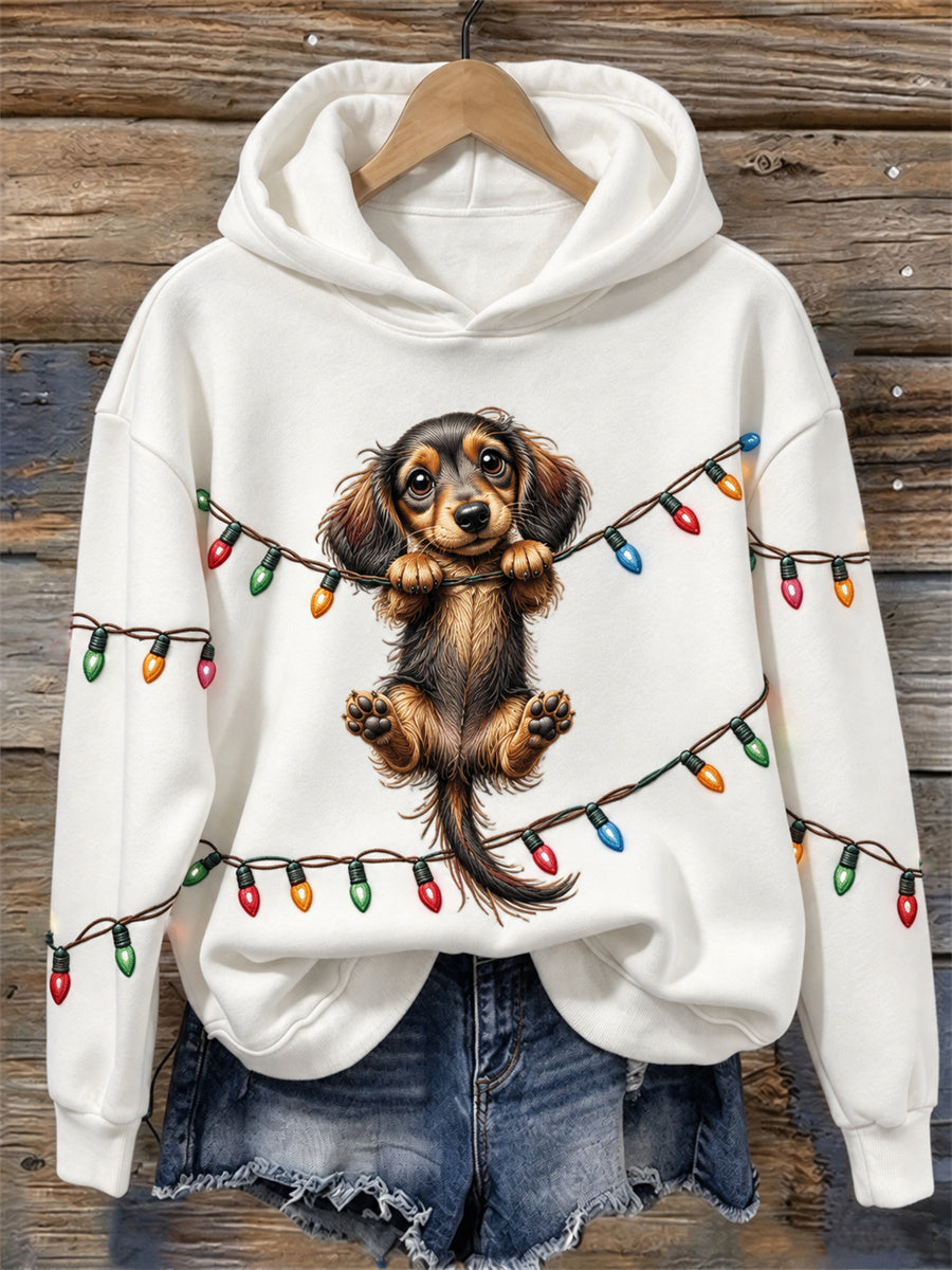 Kvinnlig rolig hängande tax-hund julbelysning tryckt hoodie