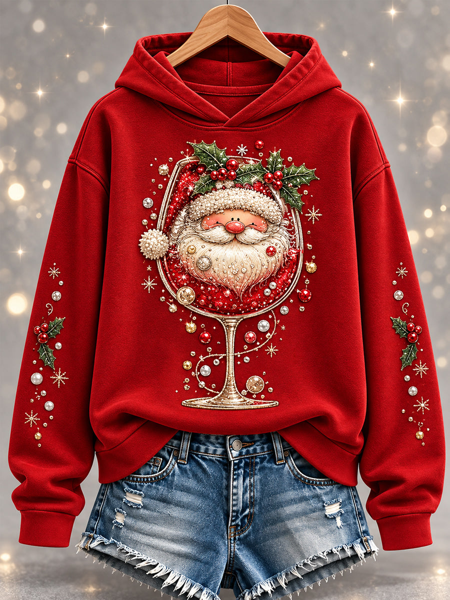 Damernas jultröja med tomte- och rödvinsglas-motiv, avslappnad hoodie