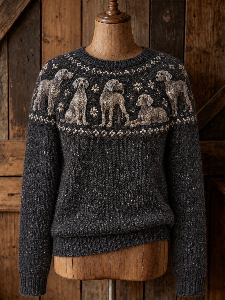Vintage damtröja med Weimaranerhundar och Yoke Isle-mönster, rund halsning