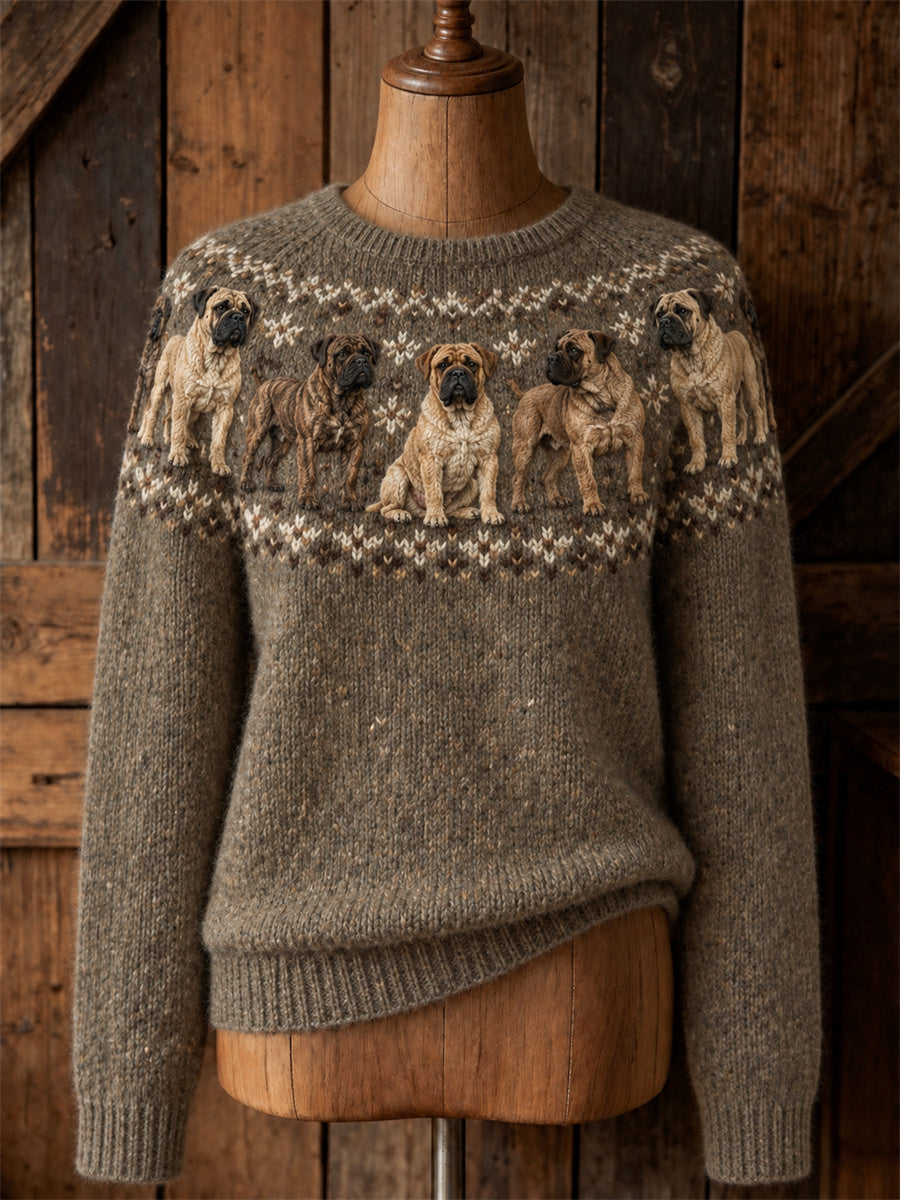 Vintage-tröja för kvinnor med tryck av mastiffhundar från Yoke Isle, rund halsning