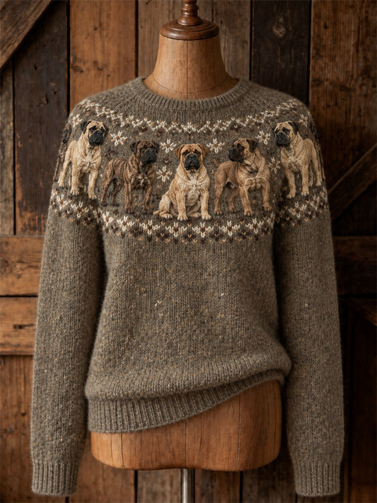 Vintage-tröja för kvinnor med tryck av mastiffhundar från Yoke Isle, rund halsning