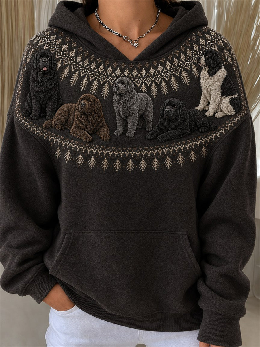 Damens vintage Newfoundlandshundar Yoke Isle-mönstrad mysig hoodie