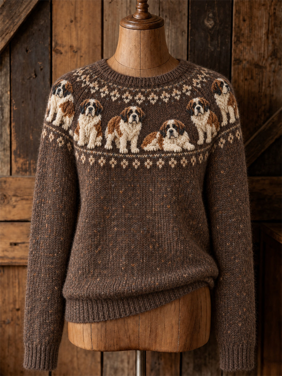 Damtröja med rund halsringning i vintagestil, med tryck av Saint Bernard-hundar och Yoke Isle-mönster