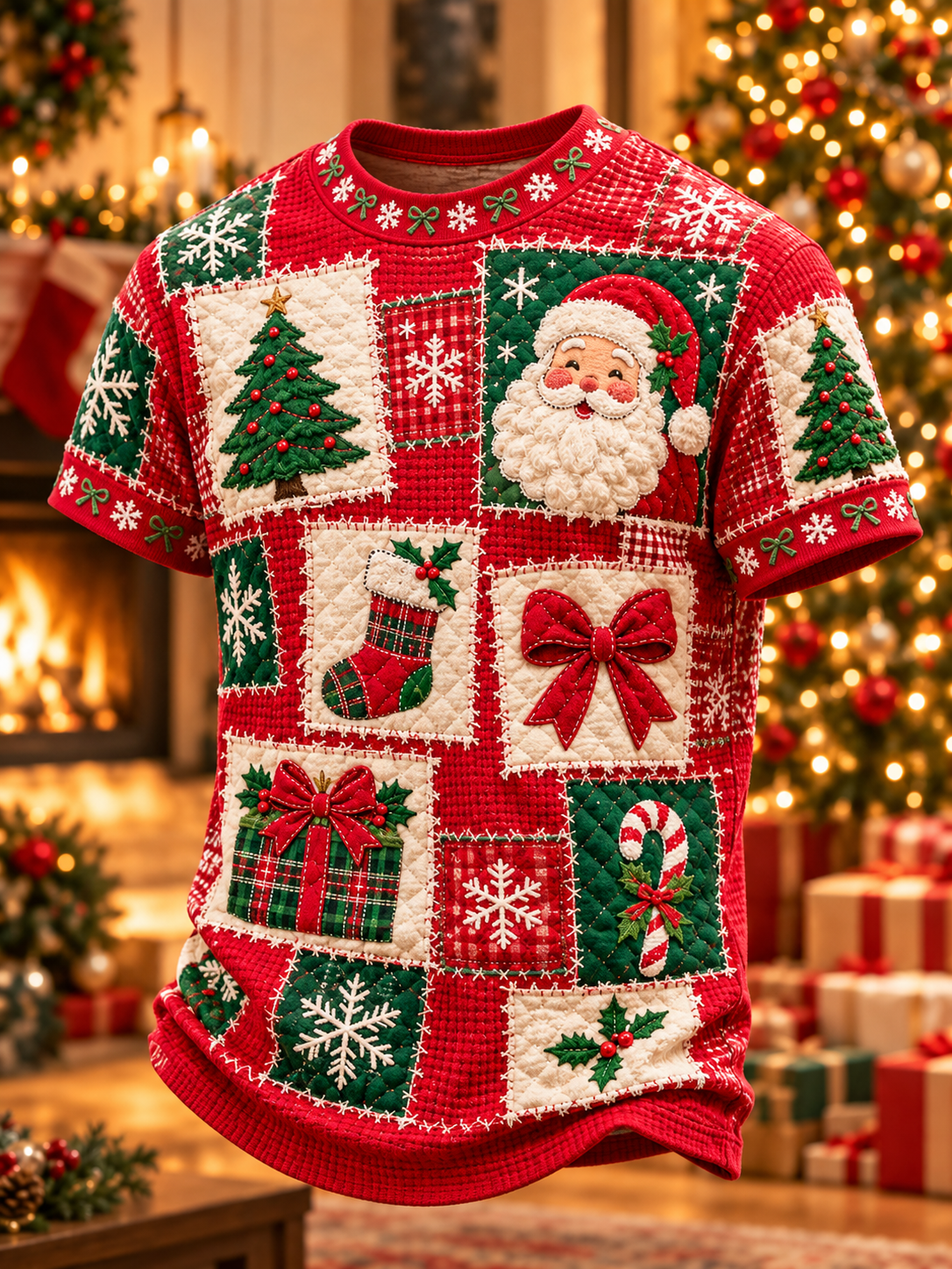 Mäns Christmas Patchwork Konst korta ärmar t-shirt