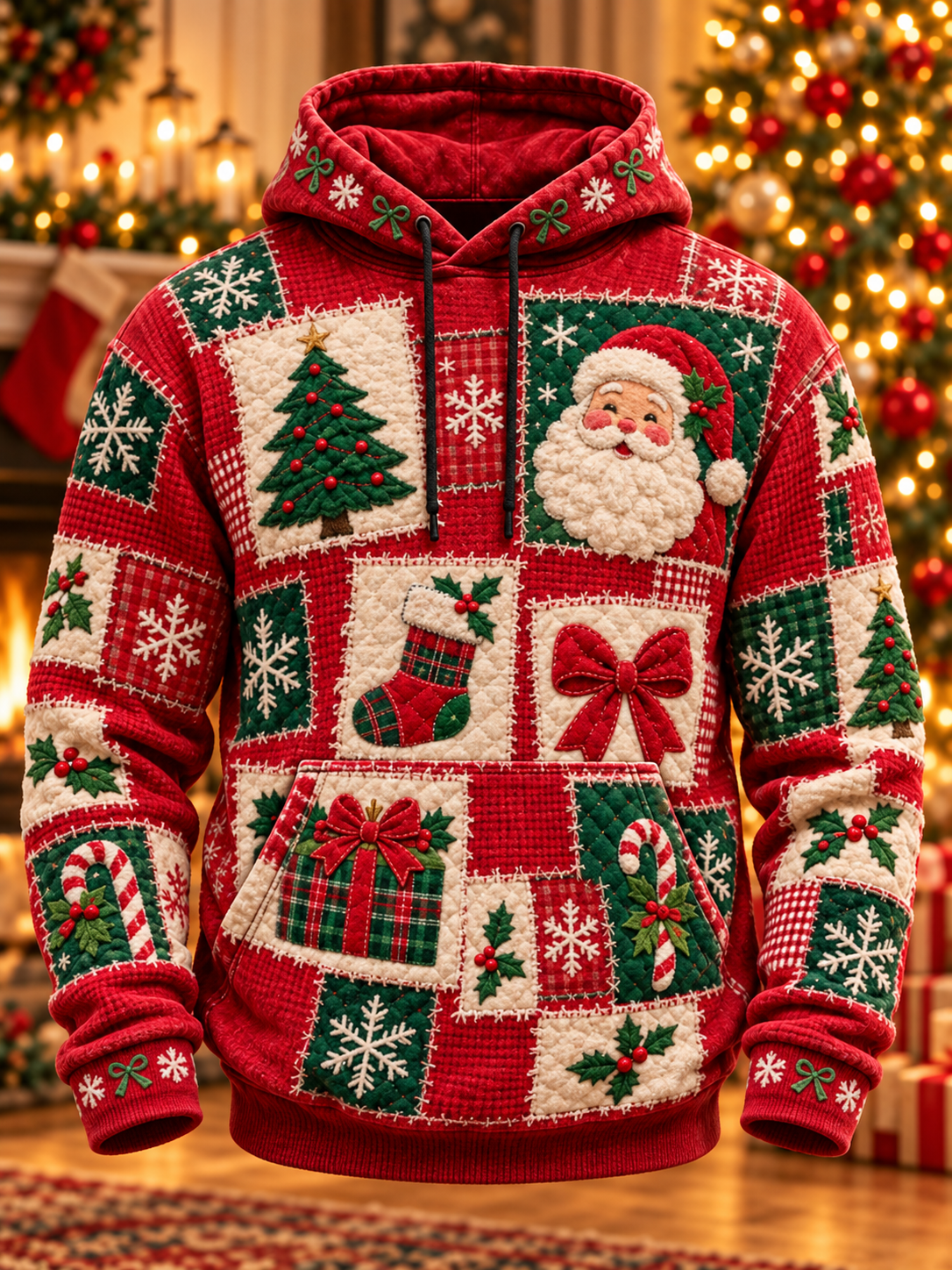Mäns jul Patchwork konst överstorad Hoodie.