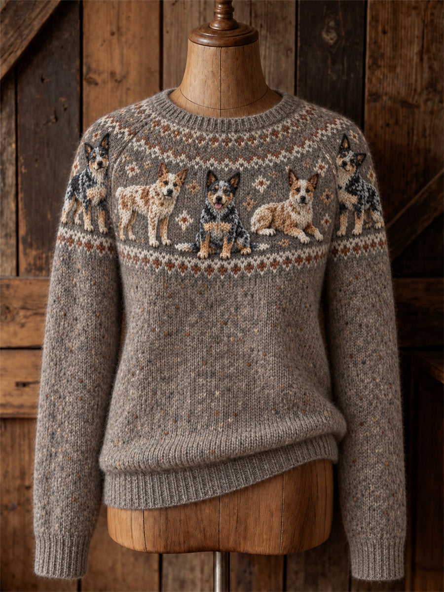 Vintage-damtröja med tryck av cattle dogs och Yoke Island, rund hals