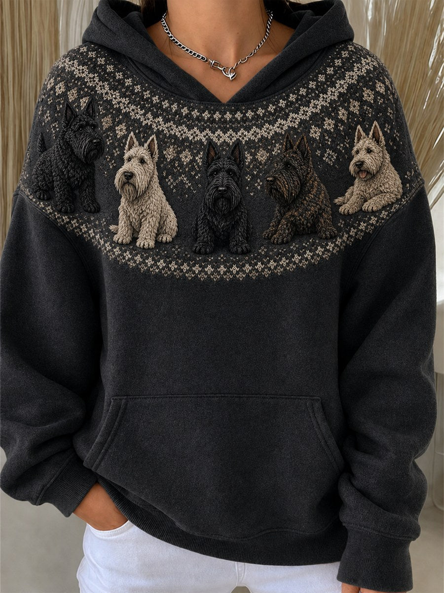 Damtröja i vintagestil med skotsk terrierhundar och Yoke Isle-mönster, mysig hoodie