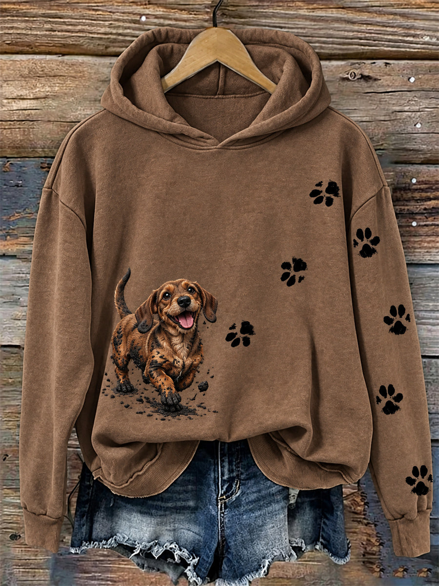 Kvinnors roliga smutsiga men glad Dachhund hund & Paw Prints