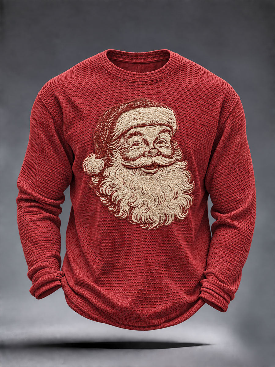 Mäns Vintage Santa Claus Jul Print Våffle Lång ärm T-shirt