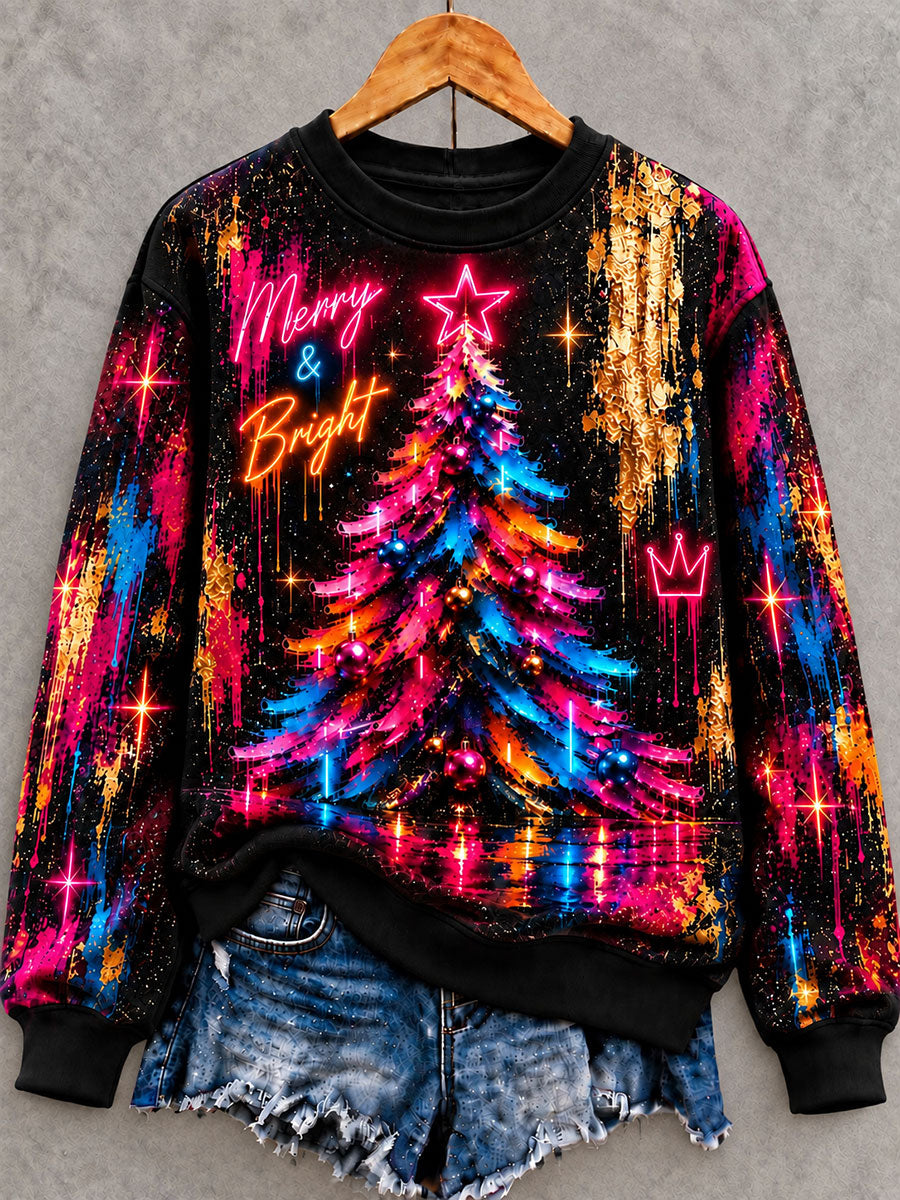 Damer Jul Färgglatt trädtryck Normal passform Sweatshirt