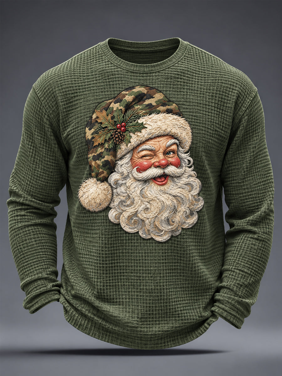 Mäns jul camouflage Santa Claus Print Casual våffle Lång ärm T-shirt