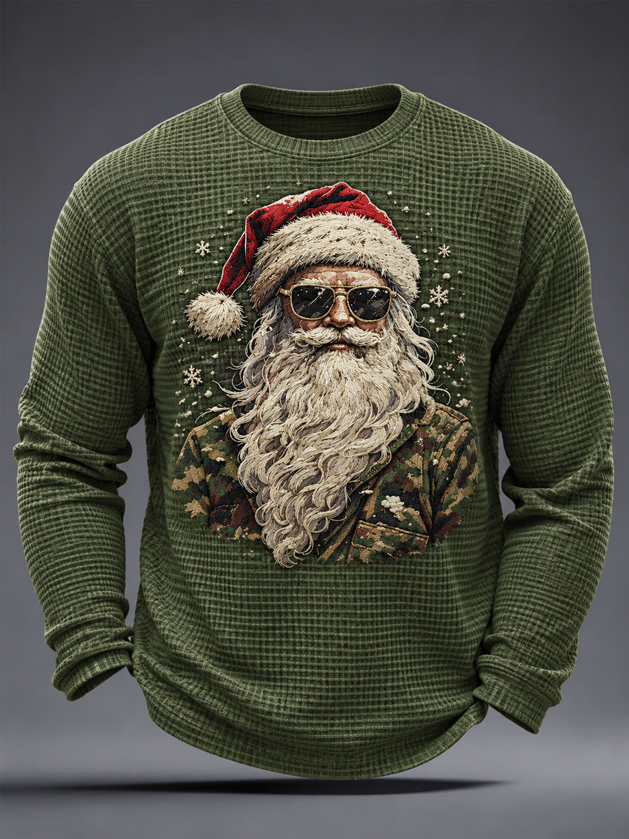 Herrjulst-shirt i casual waffelmönstrad design med julgranskamouflage och tomteprint, långärmad