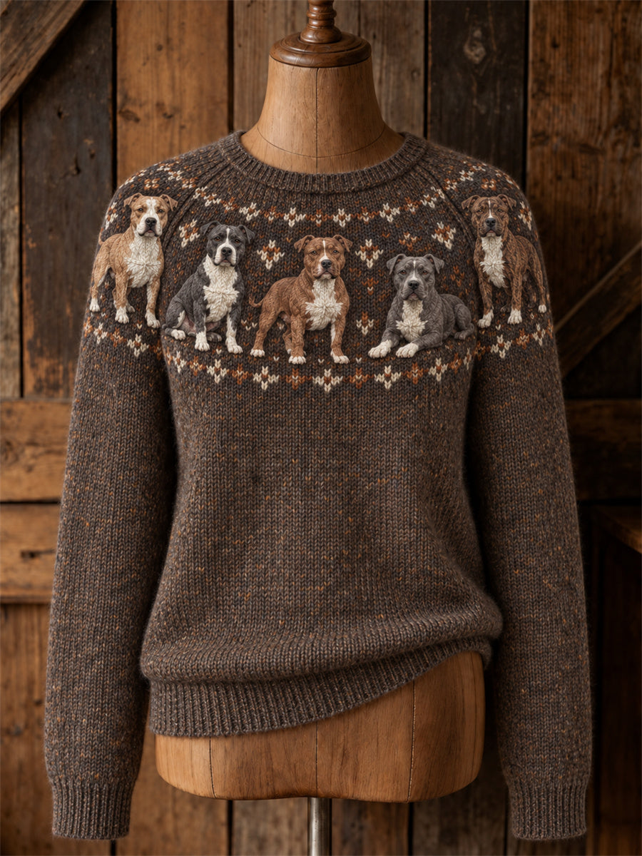 Kvinnors Vintage Pit Bull Dogs Yoke Isle Mönster Skriv ut Mysig besättning hals tröjar